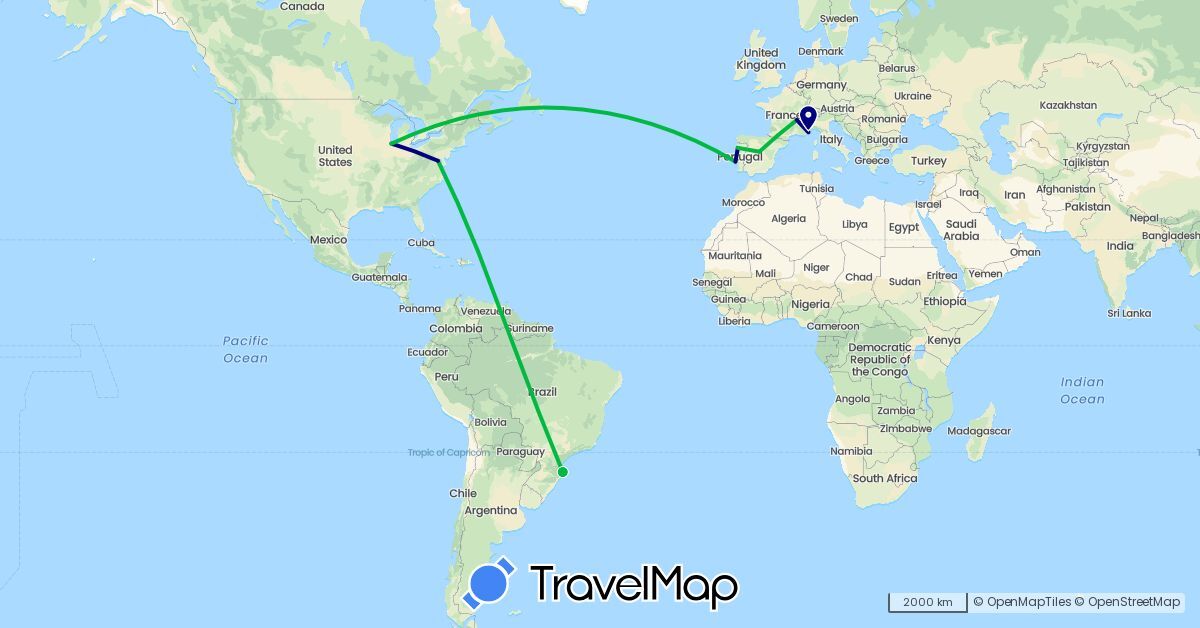 TravelMap itinerary: driving, bus in Brazil, Spain, France, Portugal, United States (Europe, North America, South America)